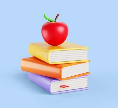 Stack of books with apple. Realistic 3d render of pile of textbooks with Illustrazione stock