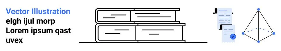 Stack of books in black outlines, document with blue checkmarks, geometric sh Stock Illustration