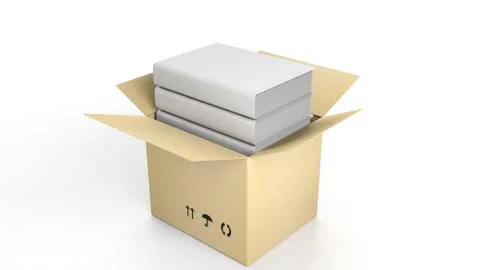 Stack of books with blank cover inside an open cardboard box, on white backgr イラスト素材