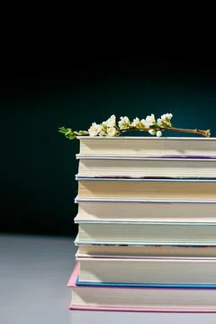 Stack of books with branch flowers, World book day Foto stock