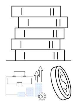 Stack of books with business briefcase, bar graph showing upward trend, and l Stock Illustration