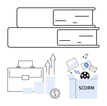 Stack of books, business growth chart and SCORM package for comprehensive e Illustrazione stock