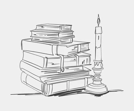 Stack of books with candle line drawing Stock Illustration