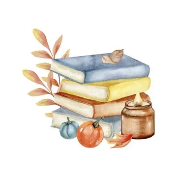 Stack of books, candle, small decorative pumpkins and orange leaves waterco.. Stock Illustration