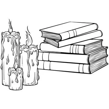 Stack of books with candles line art Stock Illustration
