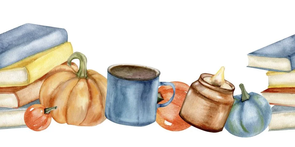 Stack of books, coffee cup, orange pumpkin and candle watercolor seamless b.. Stock Photos