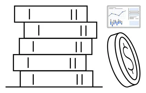 Stack of books, a coin with a dollar sign, and a financial chart with graphs  Stock Illustration