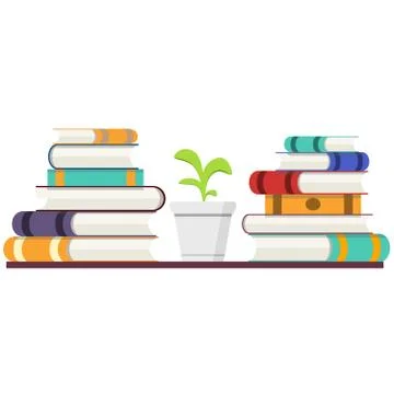 Stack of books with colored covers and plant in pot in flat design style. Stock Illustration