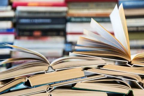 A stack of books with colorful covers. The library or bookstore 스톡 사진