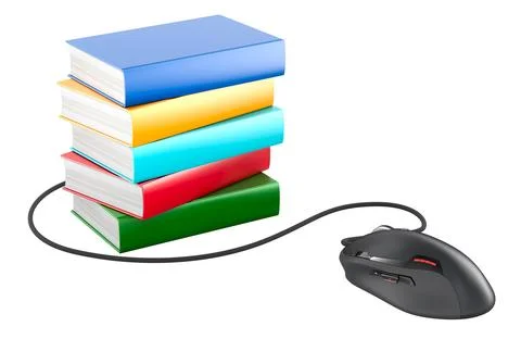 Stack of books with computer mouse. E-learning, concept. 3D rendering Stock Illustration