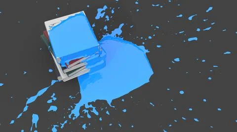 Stack of books covered with blue paint in the form of a blot Illustrazione stock
