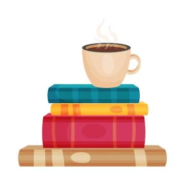 Stack of books with a cup of coffee. Vector illustration on a white background. Illustrazione stock