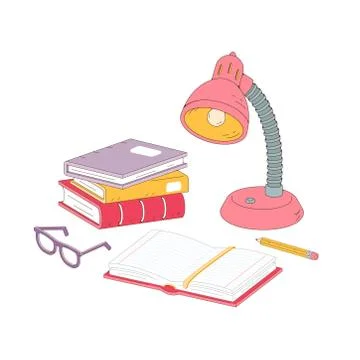 Stack of books, desk lamp, glasses, and a pencil on the table. The student's Stock Illustration