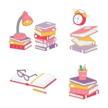 Stack of books, desk lamp, glasses, and a pencil on the table. The student's Stock Illustration