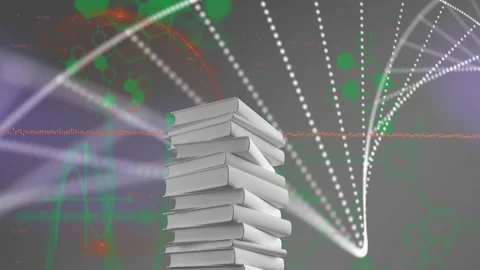 Stack of books with DNA strand and scientific data processing animation Stock Footage 304853397