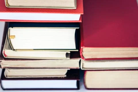 Stack of books education background, many books piles with copy space for tex 写真素材