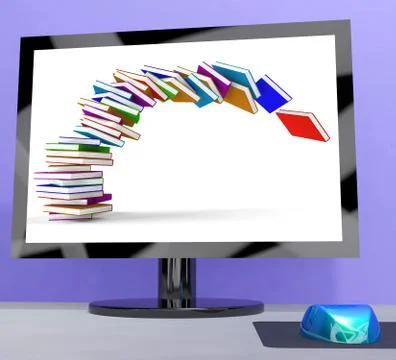 Stack of books falling on computer shows online learning Stock Illustration