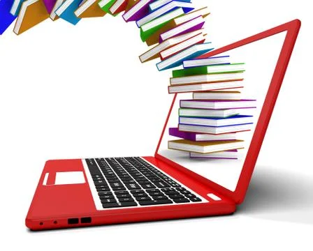 Stack of books flying from computer shows online learning Stock Illustration