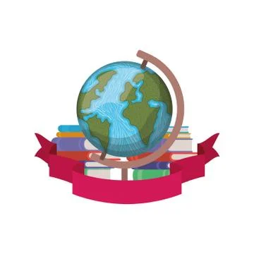 Stack of books with globe and ribbon Stock Illustration
