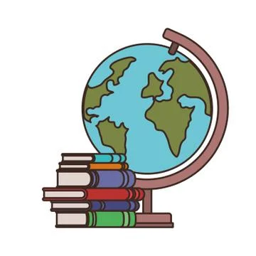 Stack of books with globe on white background Stock Illustration
