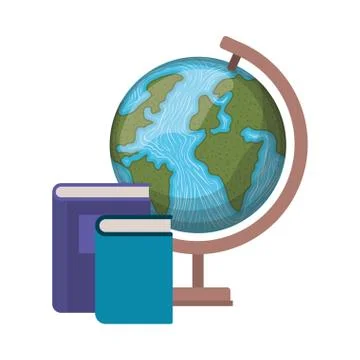 Stack of books with globe on white background Stock Illustration