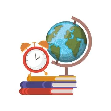 Stack of books with globe on white background Stock Illustration