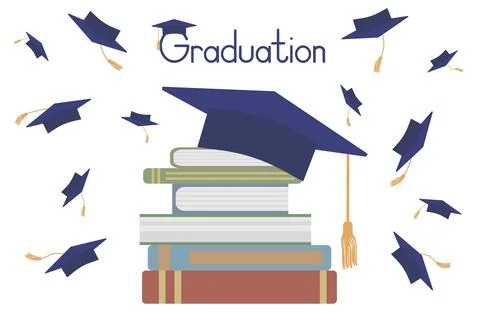 Stack of books with graduation cap on background of flying caps. Graduation.  스톡 일러스트