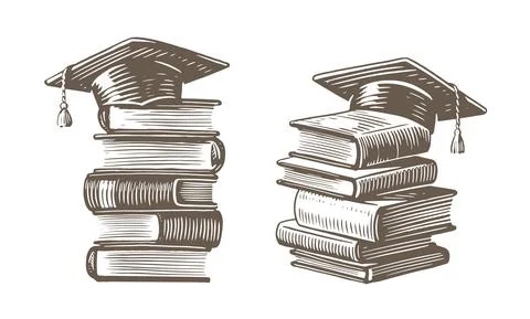 Stack of books with graduation cap sketch. Studying in college, school concept Stock Illustration