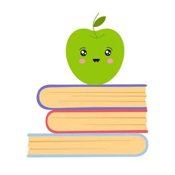Stack of books with green apple. Vector illustration isolated on white Illustrazione stock