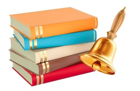 Stack of books with Hand Bell. Back to School, concept. 3D rendering Stack... Photos