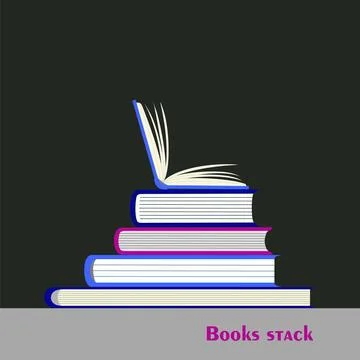 Stack of books in hardback with colorful covers and open book in top. Vector Stock Illustration