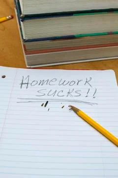 Stack of books with Homework Sucks written in notebook Fotos de archivo