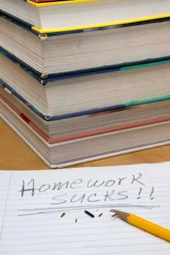 Stack of books with Homework Sucks written in notebook Stock Photos