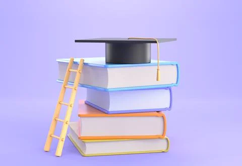 Stack books with ladder and black square academic cap on top isolated on purple Illustrazione stock