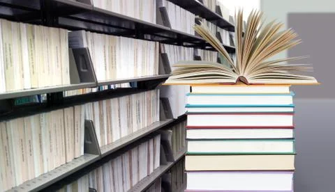 Stack of books in library Stock Photos