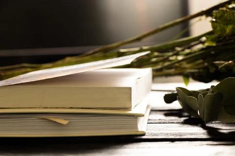 A stack of books lies on a wooden table at home Stock Photos