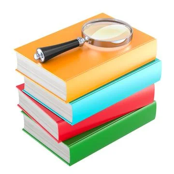 Stack of books with magnifier, 3D rendering Illustrazione stock