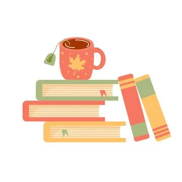 Stack of books with mug of hot tea. Stockillustratie
