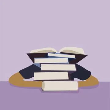 Stack of Books with Mysterious Figure in Purple Hues Stock Illustration