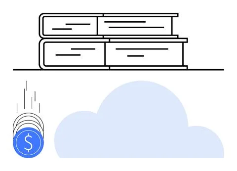 Stack of books next to a cloud and descending coin dollars. Ideal for digital イラスト素材