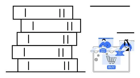 Stack of books next to an eCommerce site where two people are shopping online Stock Illustration
