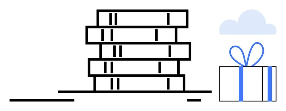 Stack of books next to a wrapped gift box with blue ribbon and a cloud 스톡 일러스트