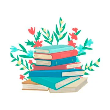 A stack of books or textbooks. Flowers around. Cartoon flat style character on 스톡 일러스트