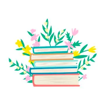 A stack of books or textbooks. Flowers around. Cartoon flat style character on Stock Illustration
