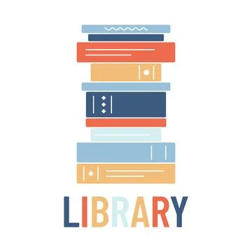 Stack of books over the word Library. Logo for the library. Lots of textbooks 스톡 일러스트