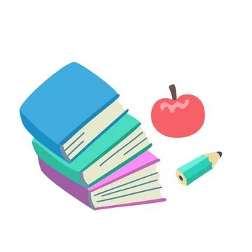 Stack of books, pencil and apple isolated on white background. Conceptual Stockillustratie