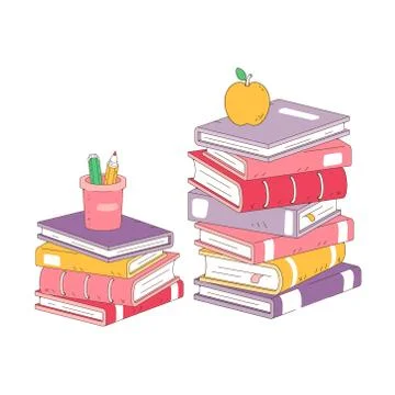 Stack of books, pencils and an apple isolated on white background. Pile of books Stock Illustration