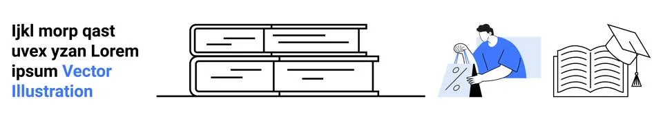 Stack of books, person reading on digital device, open book with graduation c 스톡 일러스트
