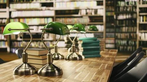 Stack of books placed on wooden library desk beneath green lamps Stock Photos