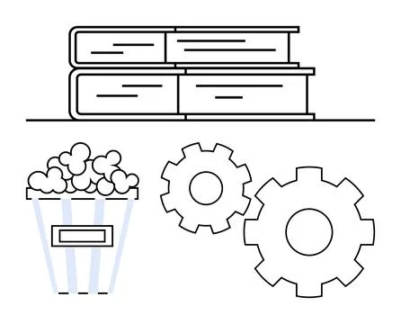 Stack of Books, Popcorn Bucket, and Gears Representing Knowledge, Entertain.. Stock Illustration